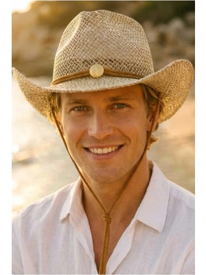 Tezzgelsin Erkek Bej Hasır Kovboy Şapka Bohem Tarz Delikli Yazlık Geniş Kenarlı Şapka