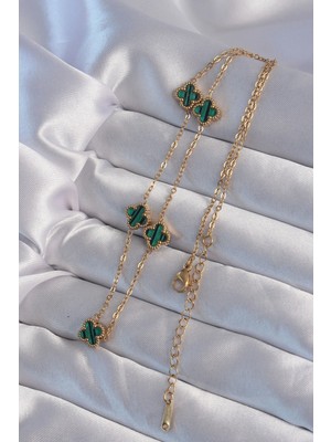 Fun And Market Buğz 316L Çelik Gold Renk Minimal Yeşil Mineli Yonca Kolye - Buğz
