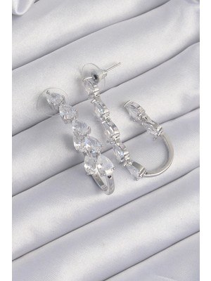 Fun And Market Buğz Pirinç Gümüş Renk Damla Zirkon Taş Tasarımlı Küpe - Buğz