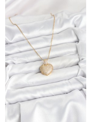 Fun And Market Buğz 316L Çelik Zincir Gold Renk Zirkon Taşlı Kalpli Kadın Kolye - Buğz