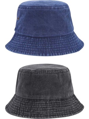 Tezzgelsin Unisex Eskitme Vintage %100 Pamuklu Bucket Kova Şapka 2'li Set