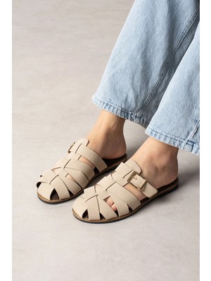 Shoetek Laverya Kadın Terlik Bantlı Tokalı Bej Süet