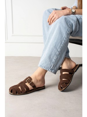 Shoetek Laverya Kadın Terlik Bantlı Tokalı Kahverengi Süet