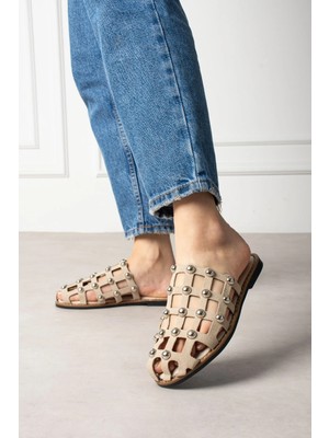 Shoetek Livya Kadın Terlik Pimli Bej Süet
