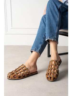 Shoetek Livya Kadın Terlik Pimli Taba Süet