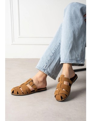 Shoetek Laverya Kadın Terlik Bantlı Tokalı Taba Süet