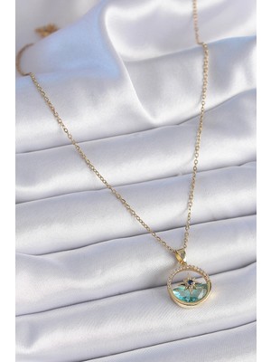 Fun And Market Buğz 316L Çelik Zincir Gold Renk Zirkon Taşlı Deniz Görünüm Kutup Yıldız Model Kadın Kolye - Buğz