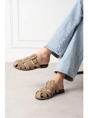 Shoetek Laverya Kadın Terlik Bantlı Tokalı Vizon Süet