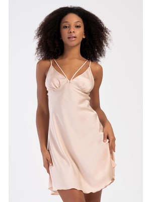Vienetta Kadın Saten Ince Askılı Kısa Bej Gecelik C0T3N7161