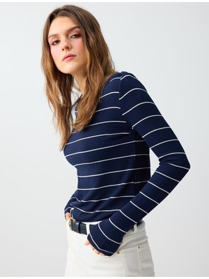Jimmy Key Lacivert Kayık Yaka Uzun Kollu Çizgi Desenli Örme Bluz