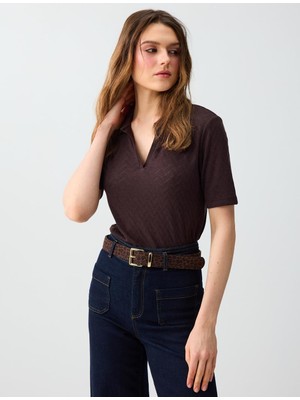 Jimmy Key Acı Kahve Kısa Kollu Polo Yaka Jakarlı Örme Bluz