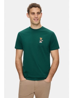 Ucla Dıego Koyu Yeşil Bisiklet Yaka Baskılı %100 Pamuk Standard Fit Erkek Tshirt