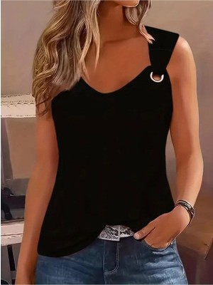 Stelol Kadın Askılı V Yaka Kuş Gözü Detaylı Viskon Bluz
