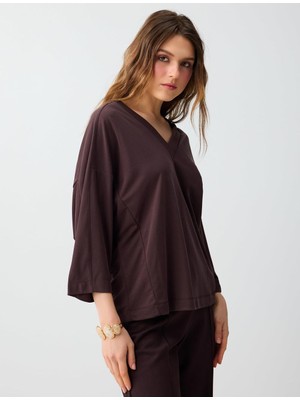 Jimmy Key Acı Kahve Rahat Kesim V Yaka Truvakar Kol Örme Modal Bluz