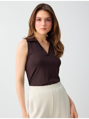 Jimmy Key Acı Kahve Polo Yaka Kolsuz Dar Kesim Örme Bluz