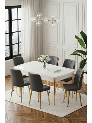 Deren Home Ada Gold Serisi 80X132 Açılabilir Masa +6 Adet Silinebilir Sandalye Metal Ayaklı Masa Takımı