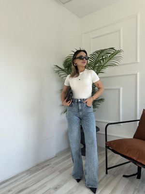 Kadın Wide Leg Taşlı Jean Mavi
