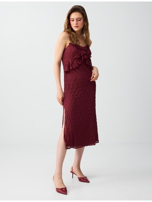 Jimmy Key Bordo Dar Kesim Açık Yaka Dantel Detaylı Midi Elbise