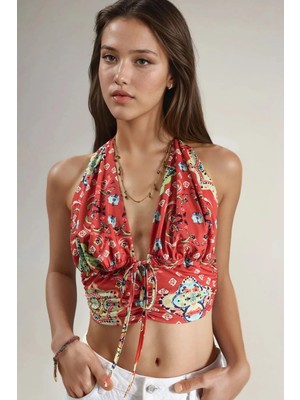 Hiccup Kadınlar Büzgü Detaylı Desenli Crop Top Kırmızı