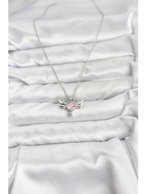 Fun And Market Buğz 316L Çelik Zincir Gümüş Renk Kanatlı Kalp Model Zirkon Taşlı Kadın Kolye - Buğz