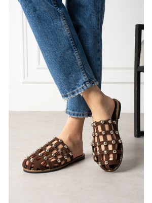 Shoetek Livya Kadın Terlik Pimli Kahverengi Süet