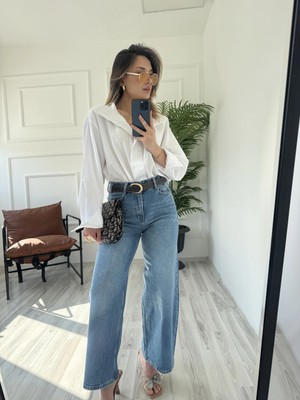 Kadın Wide Leg Kemerli Mavi Jean
