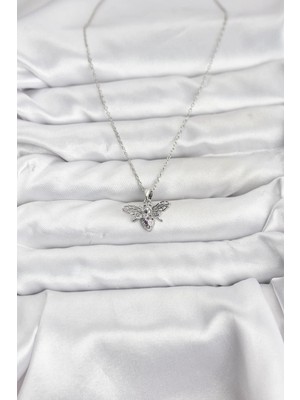 Fun And Market Buğz 316L Çelik Zincir Gümüş Renk Sinek Model Zirkon Taşlı Kadın Kolye - Buğz