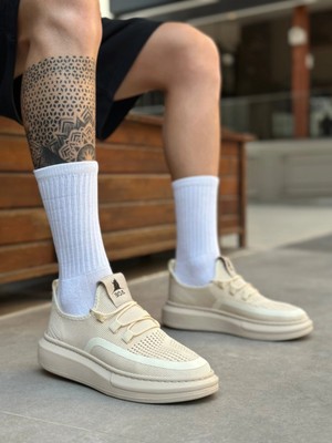 Mirglart BA0375 Özel Örme Triko Tarz Krem Renk Spor Ayakkabı