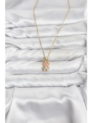 Fun And Market Buğz 316L Çelik Zincir Gold Renk Teddy Bear Model Zirkon Taşlı Kadın Kolye - Buğz