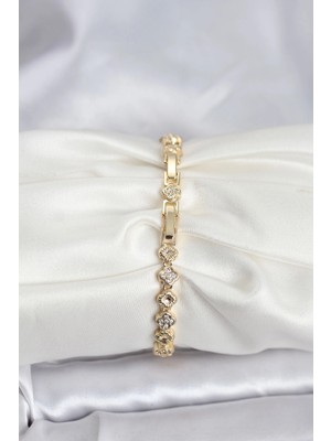 Fun And Market Buğz Pirinç Gold Renk Vıp Seri Sıralı Yonca Model Zirkon Taşlı Kadın Bileklik - Buğz