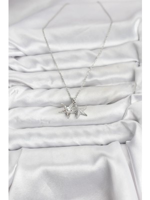 Fun And Market Buğz 316L Çelik Zincir Gümüş Renk Deniz Yıldızı Model Zirkon Taşlı Kadın Kolye - Buğz