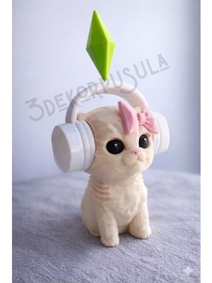 3DekorPusula 17 cm Sims Plumbob Kristalli Kulaklıklı Kedi Figürü - Dans Eden Kedi Masa Üstü Dekorasyon