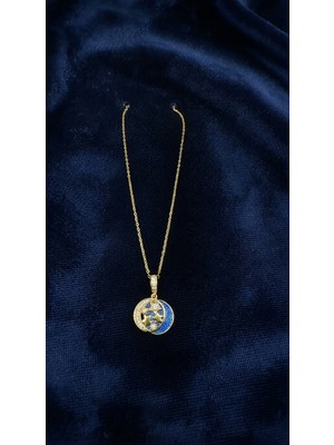 Stainless Steel Mavi Taşlı Gold Ay Yıldız Kolye