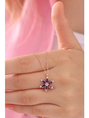 PremiumPort 925 Ayar Gümüş Rose Kaplama Ametist Damla Kolye, Lotus ve Kamelya Detaylı