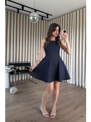Sue Store Lacivert Kolsuz Kloş Kesim Denim Mini Elbise