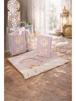 İhvan Online Anneler Gününe Özel Çantalı Kadife Kaplı Yasin Kitabı Tesbih Seccade Seti Pembe