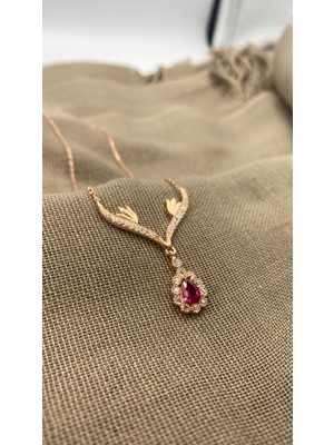 PremiumPort Kırmızı Damla Zirkon Taşlı 925 Ayar Rose Gümüş Kolye
