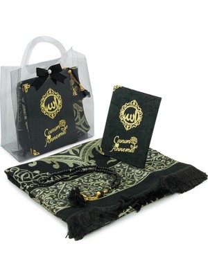 İhvan Online Anneler Gününe Özel Çantalı Kadife Kaplı Yasin Kitabı Tesbih Seccade Seti Siyah