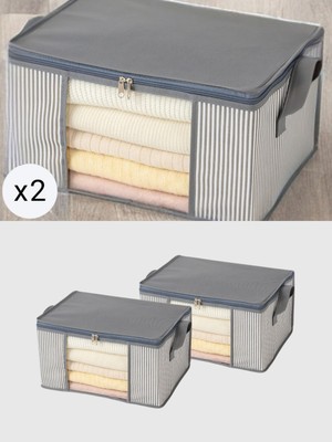 PremiumPort 2’li Antrasit Çizgili Baza Altı Dolap ve Bavul Içi Düzenleyici Seti