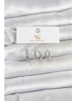 Vice Avm Pirinç Gümüş Renk Nazarlı Model 3'lü Kadın Küpe (VICE/1395)