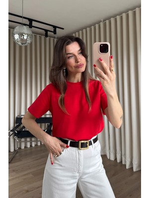 Sue Store Kırmızı Bisiklet Yaka Premium Oversize Pamuk T-Shirt