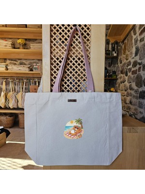 Tatil Keyfi Güneşlenmekte Olan Kedi Sun Baskılı Naturel Kanvas Bez Çanta Pudra Sap Beyaz Cırt Cırtlı Suluk Tutuculu - Küçük