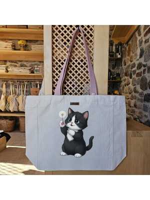 Dandelion ile Oynayan Şirin Kedi Baskılı Naturel Kanvas Bez Çanta Pudra Sap Beyaz Cırt Cırtlı Suluk Tutuculu - Büyük