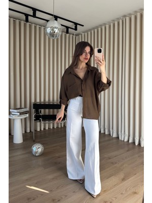 Sue Store Kahve Oversize Modal Kumaş Gömlek