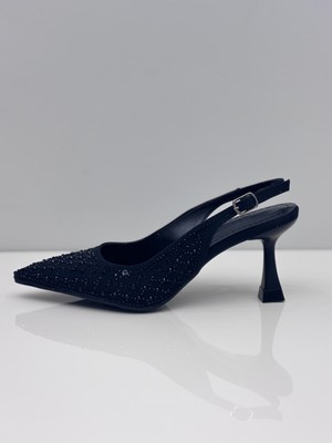 Serrace Kadın Siyah Taşlı Stiletto Arkası Açık Stiletto – 7 cm Topuk - Podeia Estilo