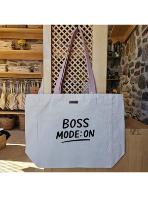 Siyah Boss Yazısı Modern Stil Logo Marka Işareti Minimalist Modu Açık Baskılı Naturel Kanvas Bez Çanta Pudra Sap Beyaz Cırt Cırtlı Suluk Tutuculu - Büyük