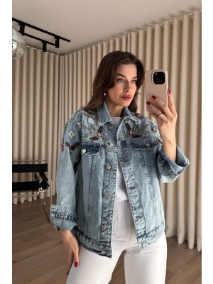 Sue Store Açık Mavi Önü Boncuk Işlemeli Oversize Kot Ceket