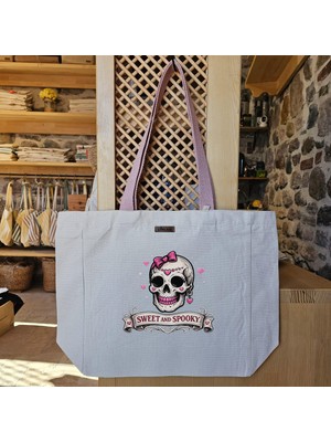 Tatlı ve Korkutucu Iskelet Baskılı Naturel Kanvas Bez Çanta Pudra Sap Beyaz Cırt Cırtlı Suluk Tutuculu - Büyük