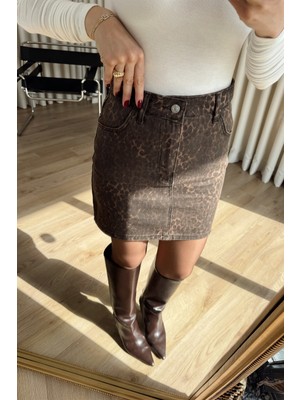 Sue Store Leopar Desenli Gabardin Mini Etek