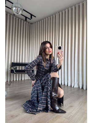 Sue Store Lacivert Kırmızı Ekoseli Oversize Kuşaklı Maxi Boy Elbise